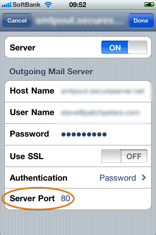 iOS SMTP server configuration with port set to 80
