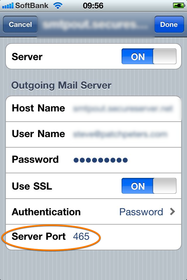 iOS SMTP server configuration with port set to 465