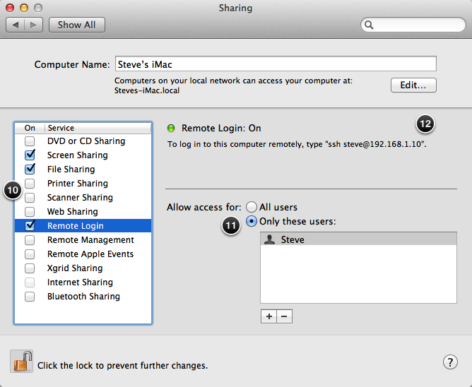 Sharing pane of System Preferences with Screen Sharing, File Sharing and Remote Login enabled