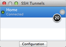 List of tunnel configurations in SSH Tunnel Manager showing active tunnel