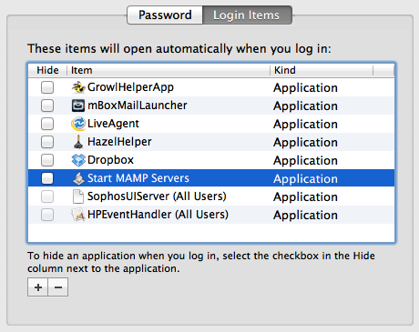 Start MAMP Servers Applescript application added to Login Items