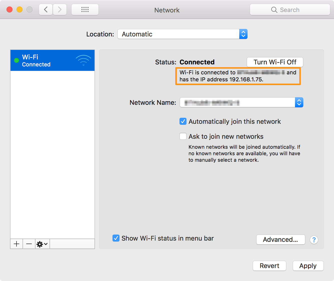 IP address in Network pane of System Preferences