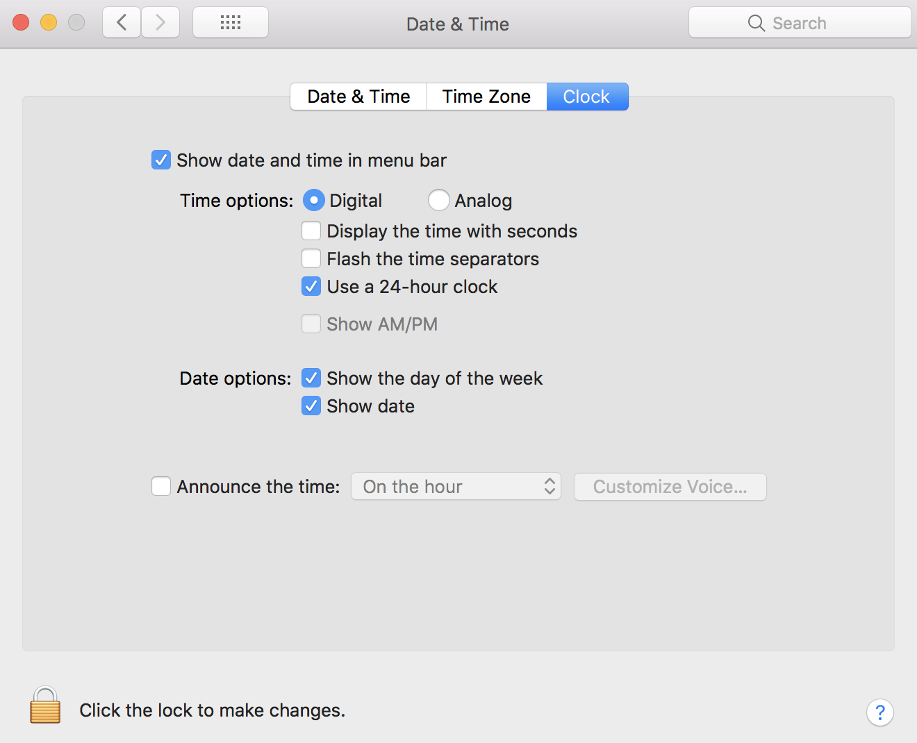Date & Time pane of System Preferences showing the Clock tab
