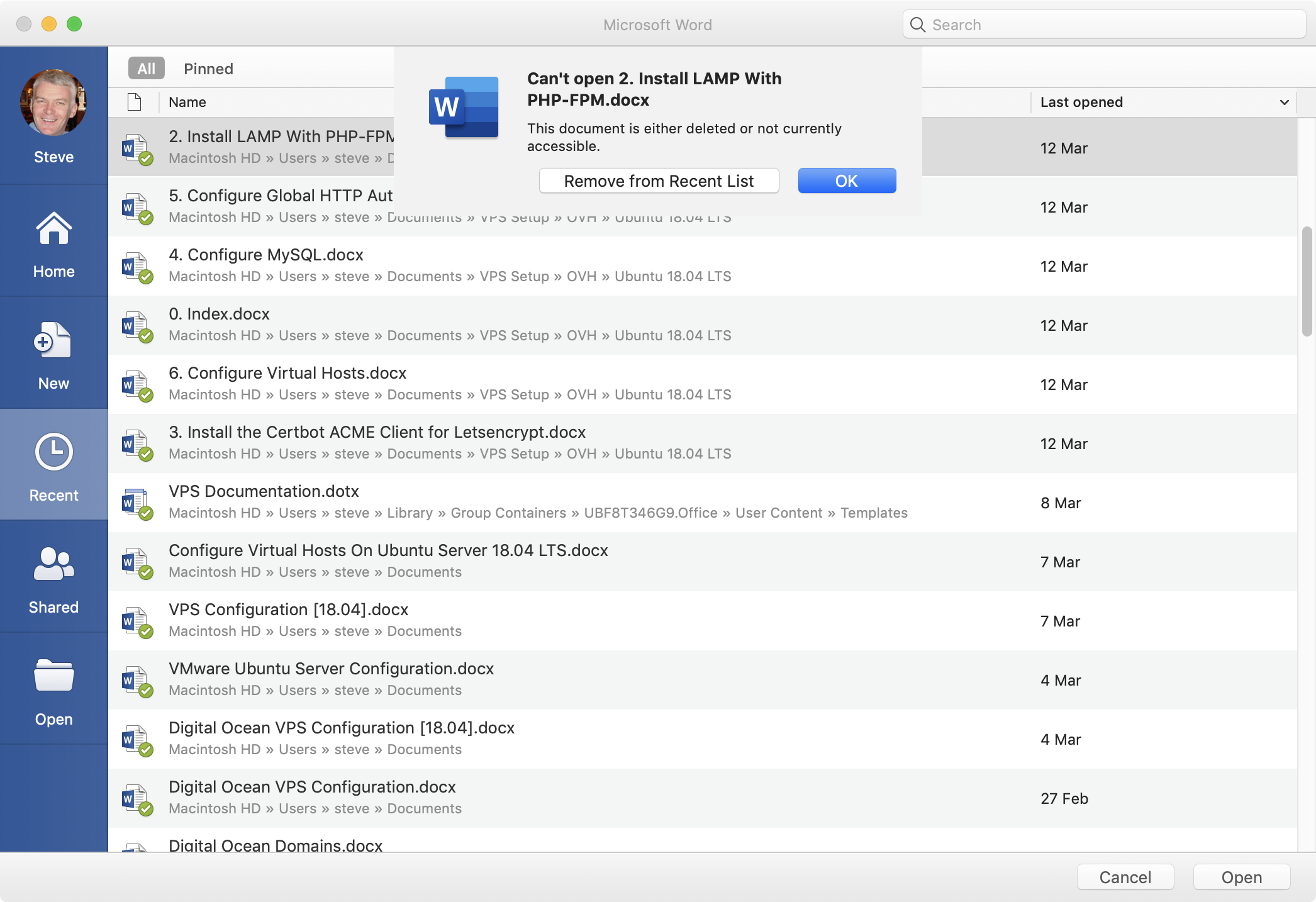 Unable to open file message